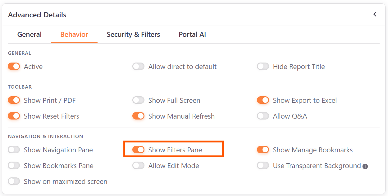 Show Filters Pane setting