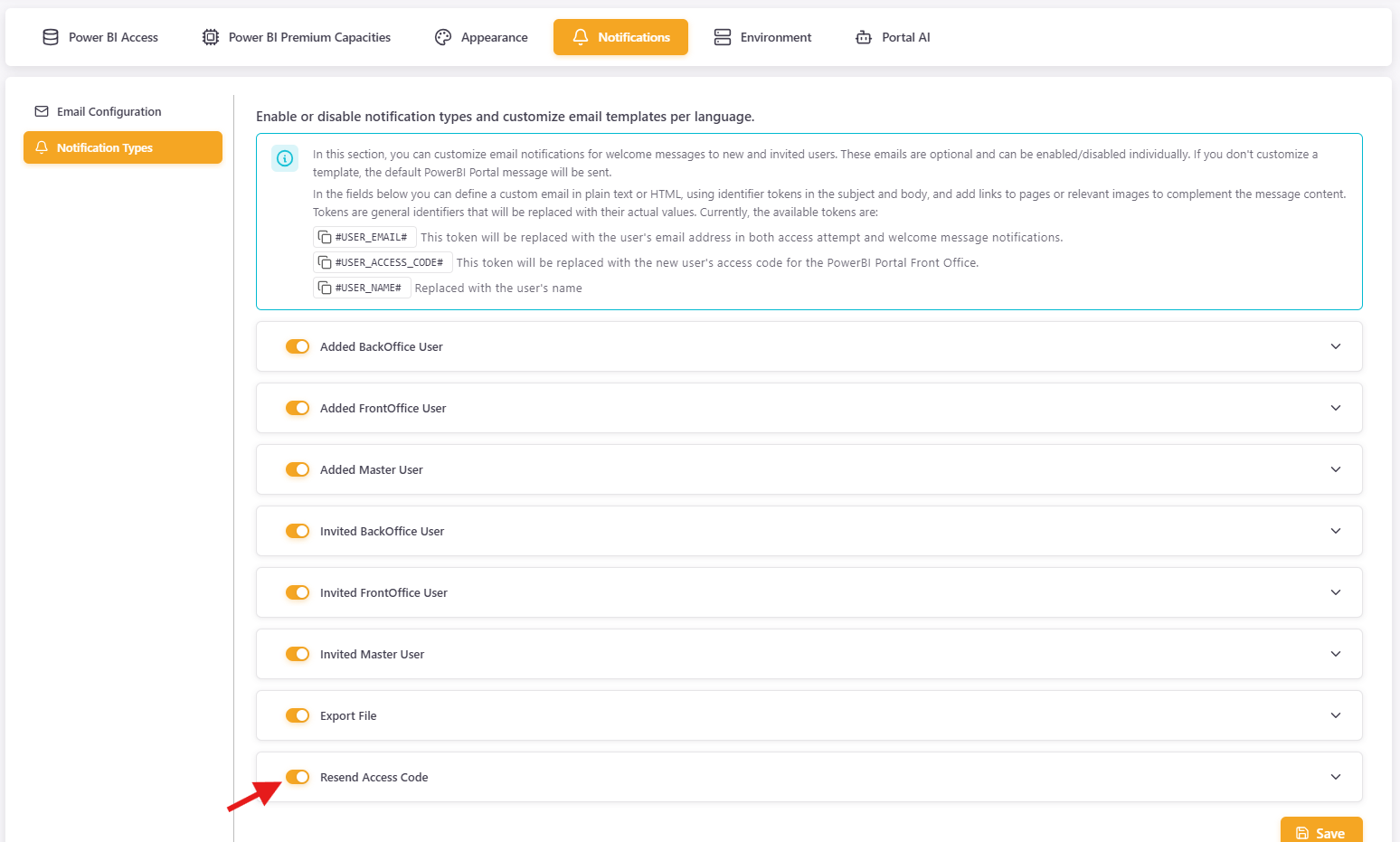 Export email notification settings