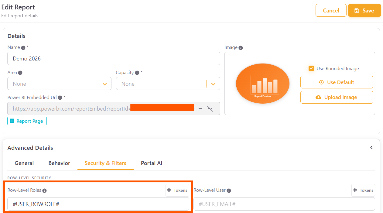 Dynamic RLS token on report