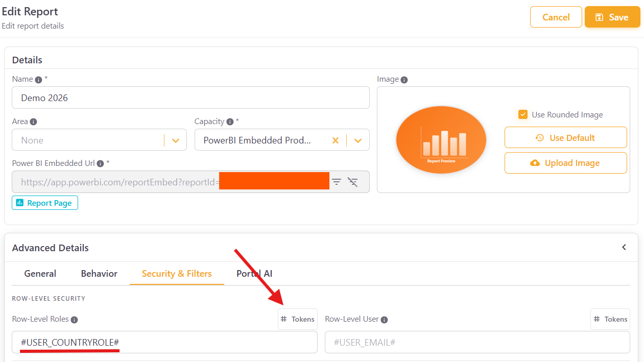 Static RLS token on report