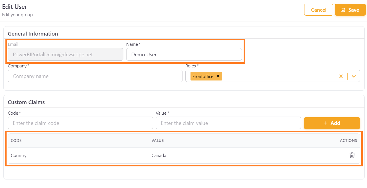Custom claim - user 1