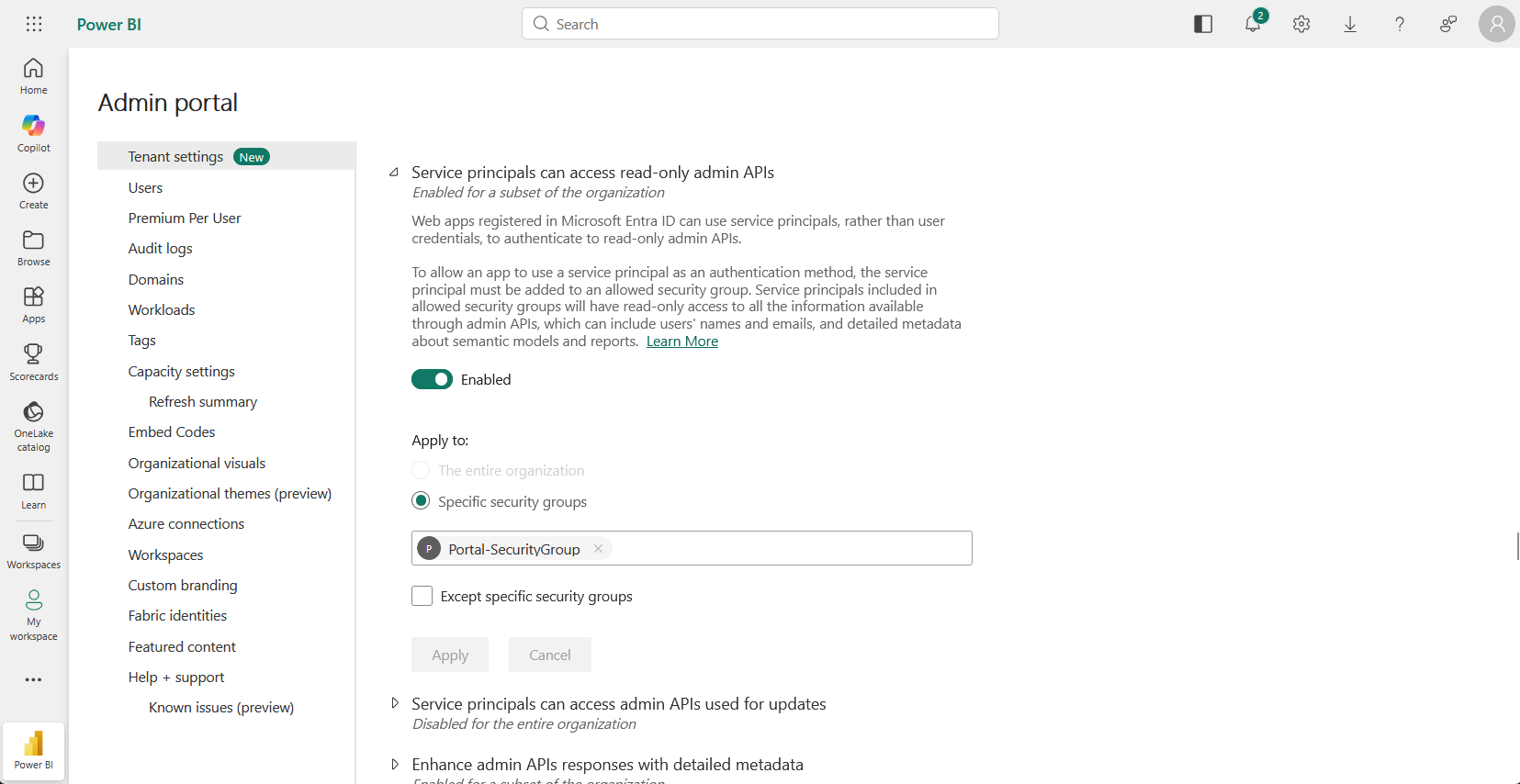 Service principals can access read-only admin APIs setting