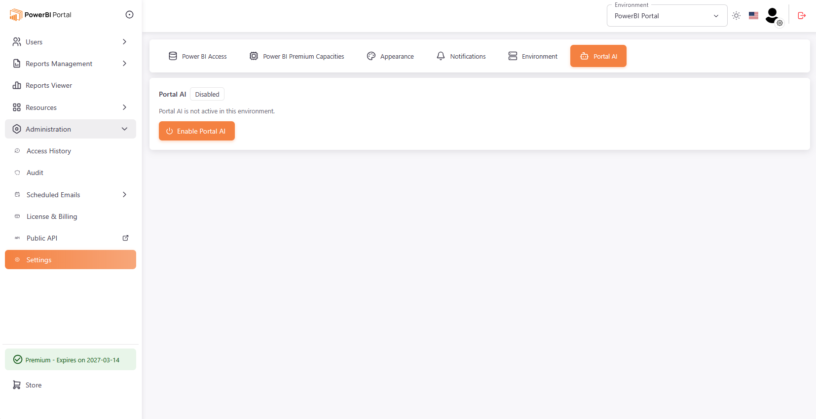 Portal AI Settings tab - Disabled