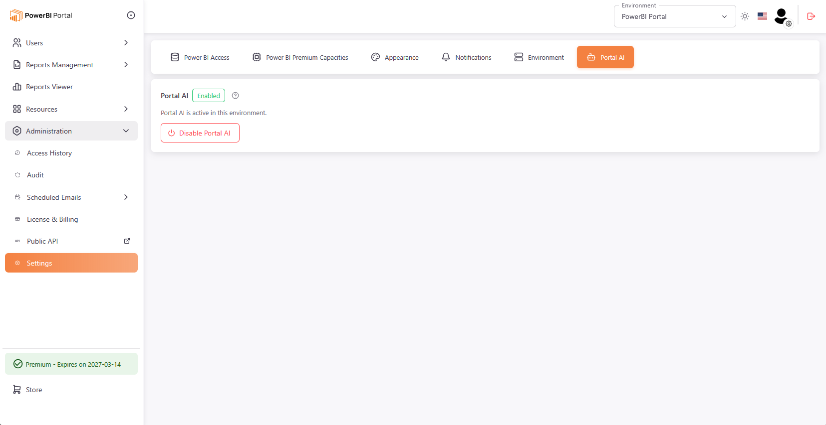 Portal AI Settings tab - Enabled